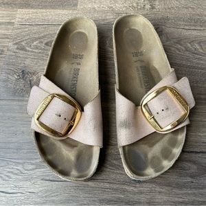 Birkenstock Madrid Big Buckle Washed Metallic Rose Gold size 39/8.5
